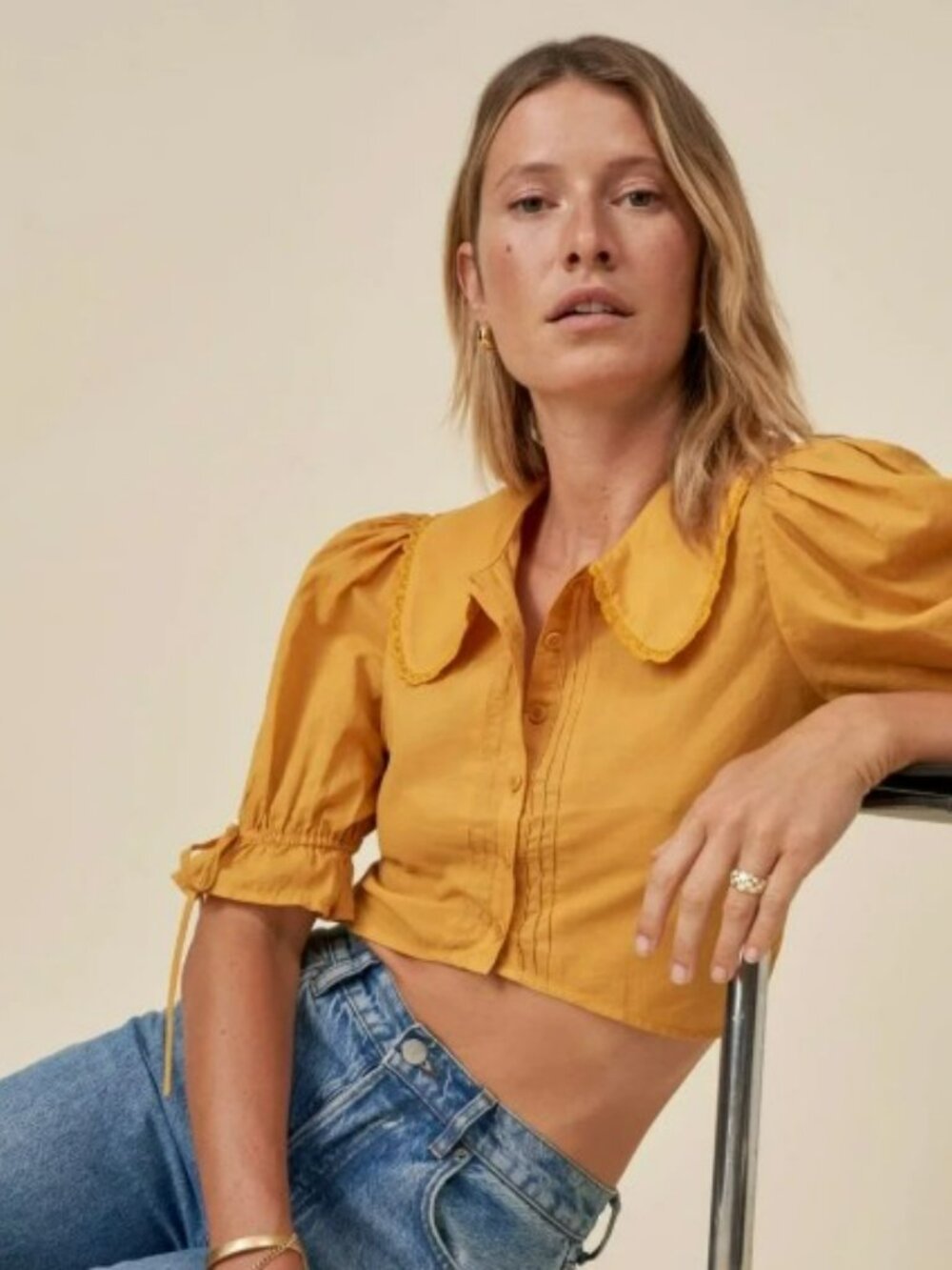 Reformation Rutabaga Top Mustard Yellow Cropped Puff-Sleeve Button-Up sz 4  GUC